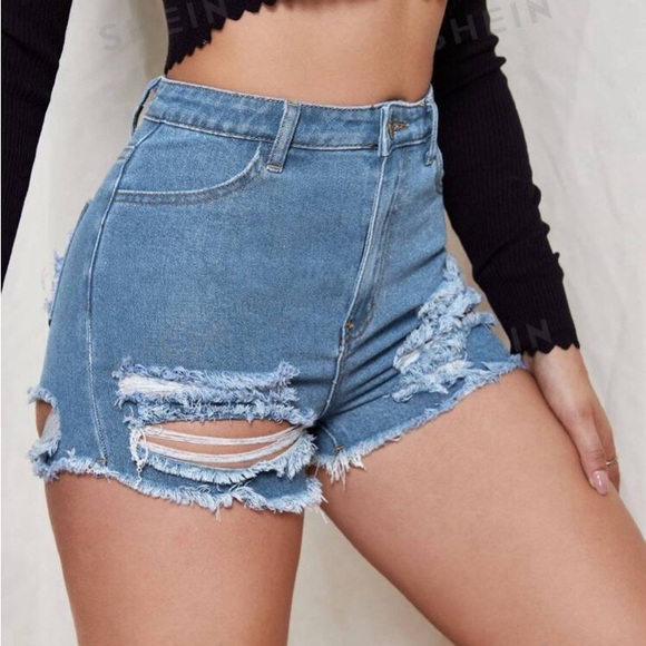 Women’s High Waisted Ripped Denim Shorts - Picture 2 of 4